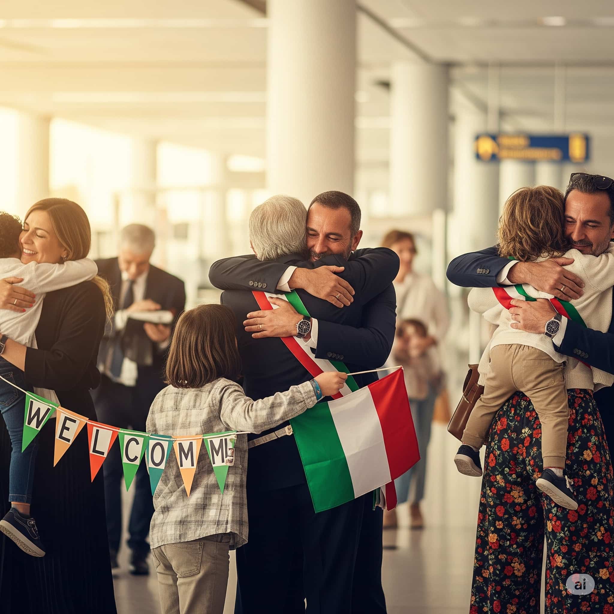 family reuniting to italian citizens at the airport