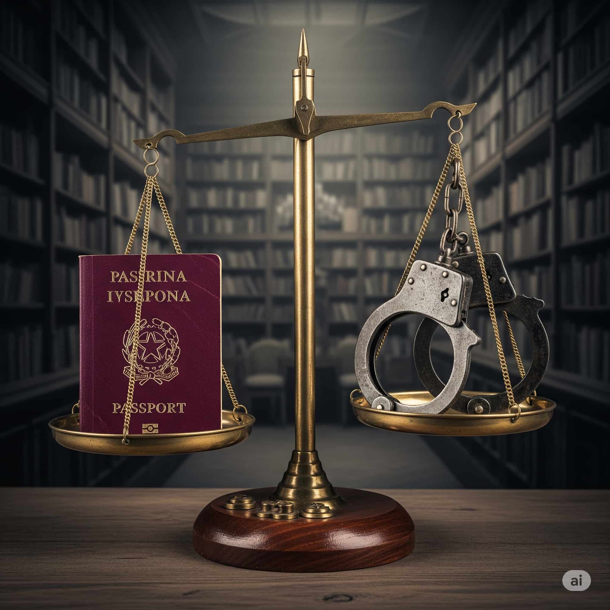 Manette e passaporto italiano con bilancia della giustizia