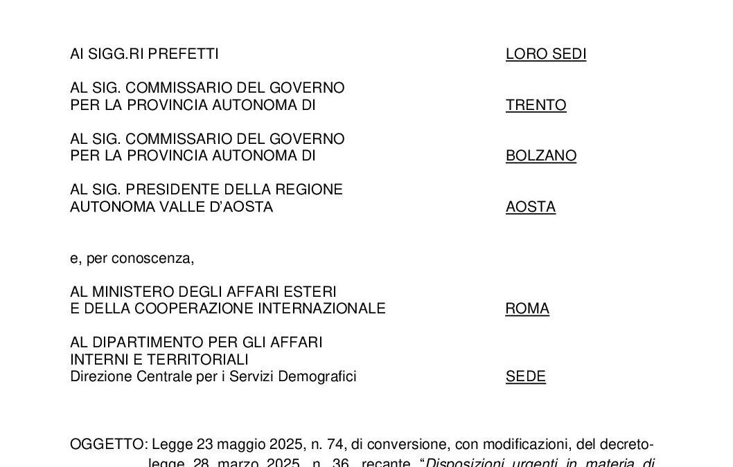 Ministry of Interior Circolare May 28 n. 26185 – Guidelines for Italian Citizenship Recognition