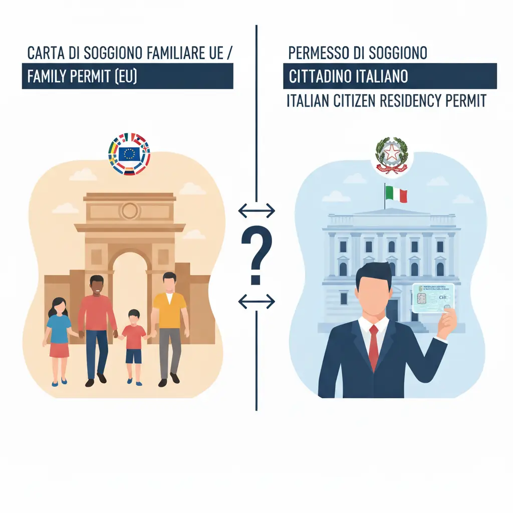 Gemini_Generated_Image_4xe96e4xe96e4xe9 Image comparing the EU Family Residence Card (family group) and the Italian Citizen Residency Permit (single person) to explain the often confused legal differences
