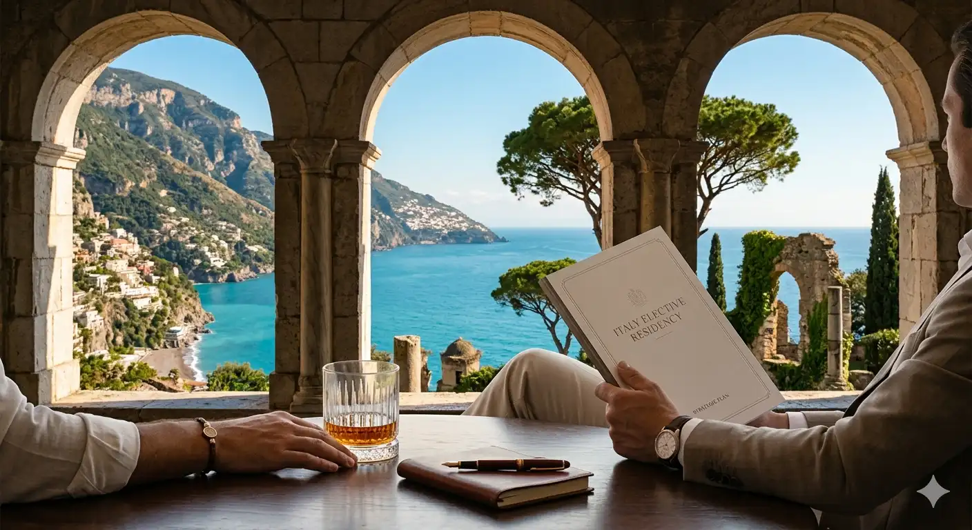 A person on an Italian coastal terrace holding an approved Italy Elective Residency Visa strategic plan document, overlooking a beautiful Mediterranean town and sea. The image symbolizes a successful, legally secured future in Italy.