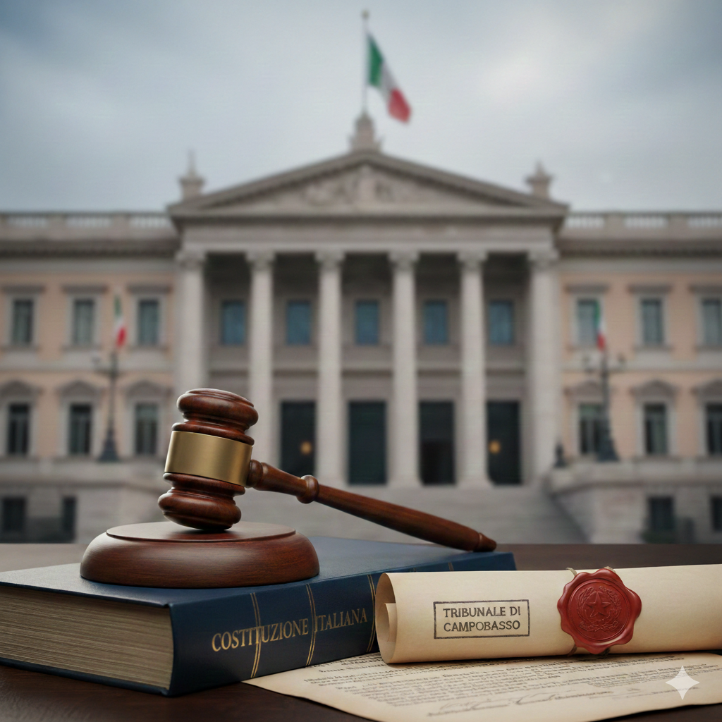 CORTE CAMPOBASSO Italian Constitution book with a judge gavel and a legal document from the Tribunal of Campobasso regarding citizenship reform.