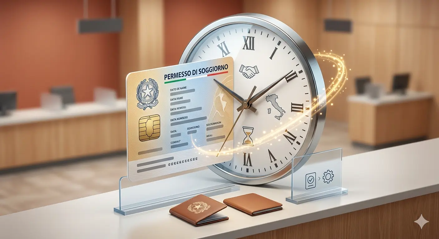 tempi-attesa-permesso-soggiorno-waiting-time Conceptual image of an Italian residence permit in front of a large clock, symbolizing the processing and waiting time for issuance