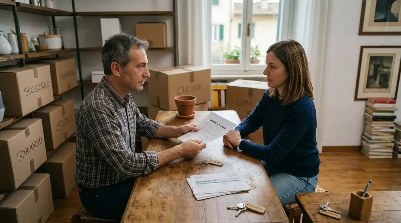 Tenant and landlord in Italy discussing a rental security deposit agreement next to moving boxes