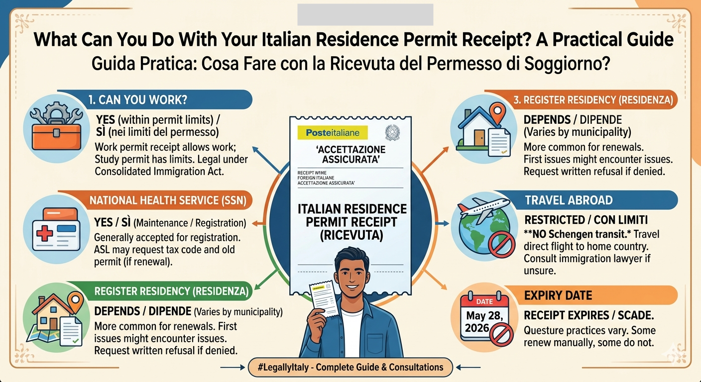 Diagramma explaing what the ricevuta permesso soggiorno allowa you to do