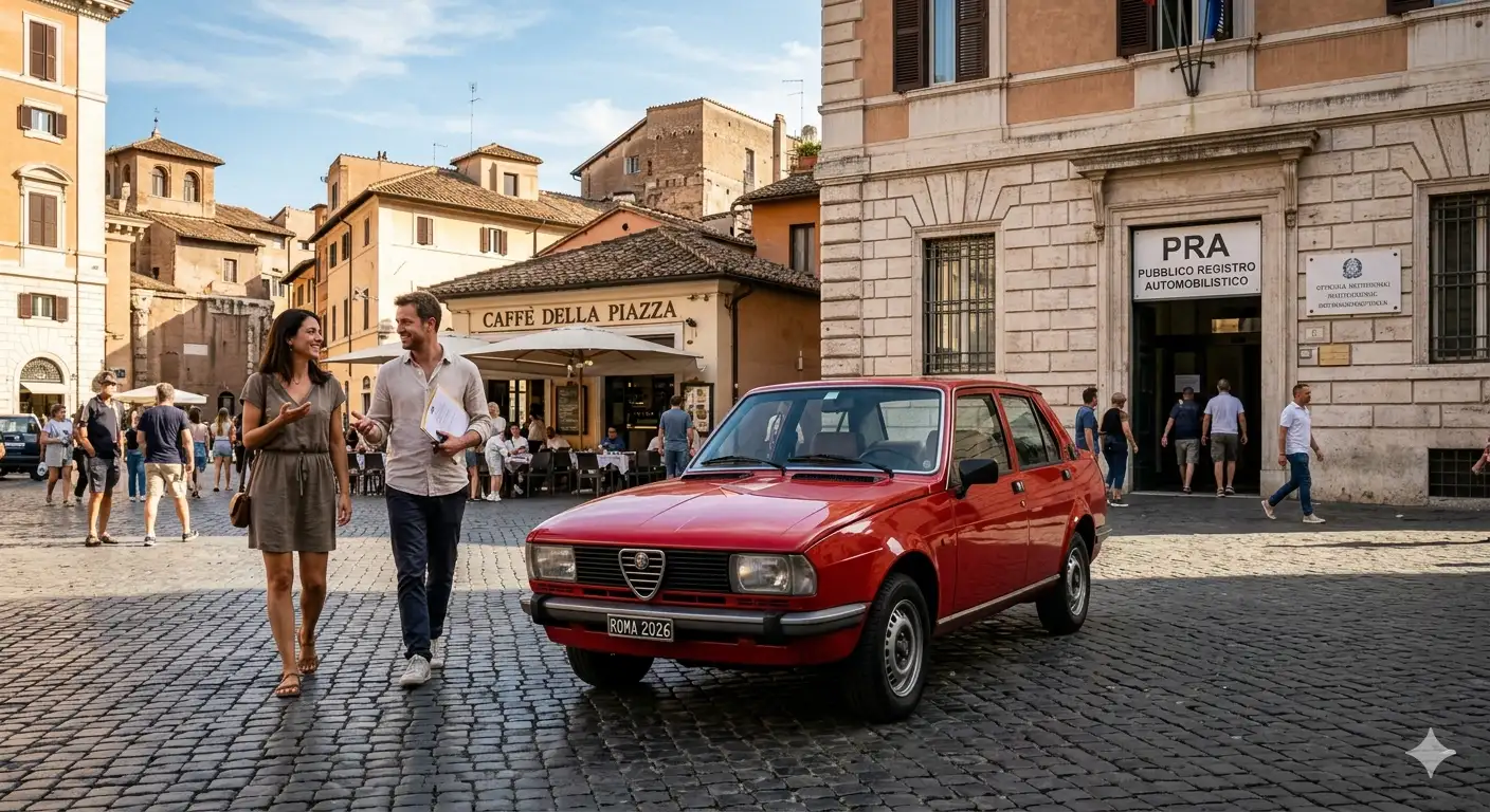 A happy non-EU couple smiles while walking towards a vintage red Alfa Romeo car parked in a historic Roman piazza, with the PRA (Public Vehicle Register) office clearly visible in the background. The image symbolizes a successful car purchase using the residence permit receipt