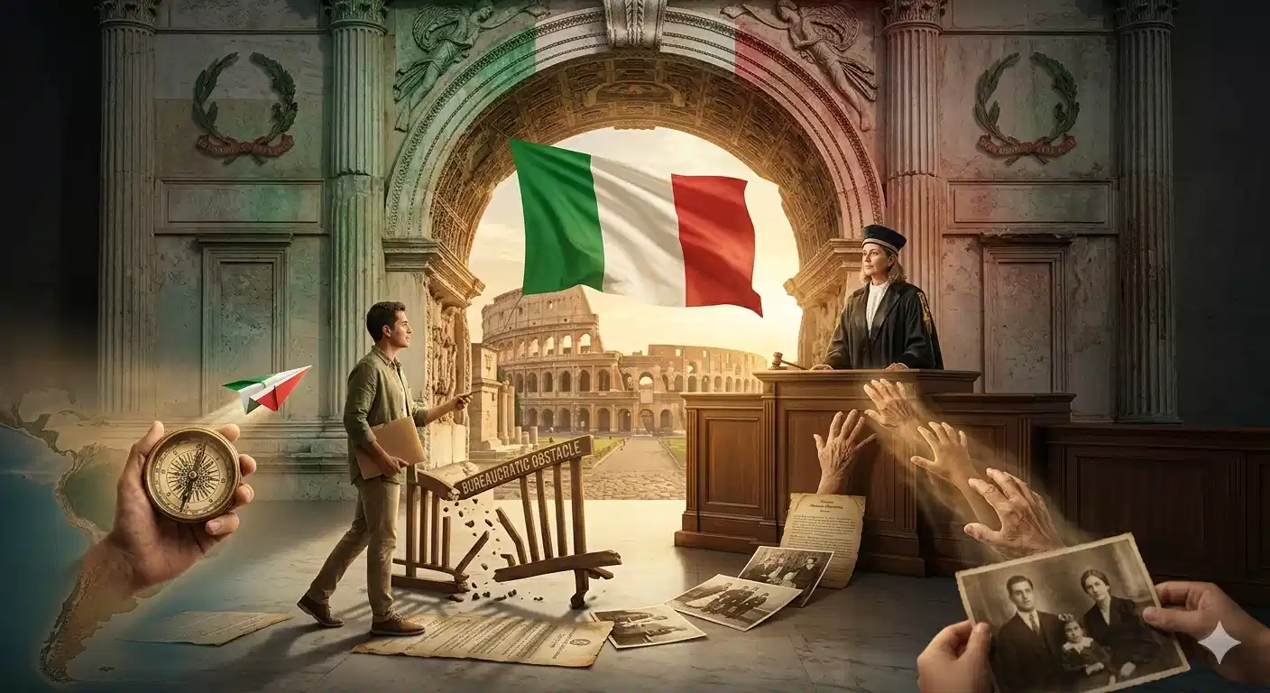 : "A conceptual image showing a man with Italian ancestry documents overcoming a broken wooden barrier labeled as a bureaucratic obstacle. In the background, an Italian judge stands behind a podium under an archway featuring the Italian flag, with the Colosseum visible. The scene symbolizes the legal right to bypass consular delays and seek justice directly in court for Italian citizenship recognition.