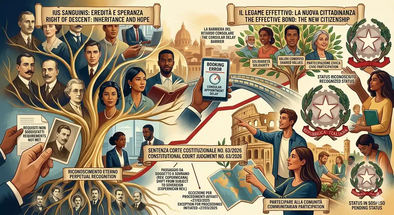 italian-citizenship-judgment-63-2026-constitutional-court A conceptual illustration representing the Italian Constitutional Court Judgment 63/2026. On the left, a genealogical tree symbolizes 'ius sanguinis' and ancestry records. On the right, people engaged in community life symbolize the 'effective bond' and active citizenship. In the center, a bridge connects historical heritage with the modern constitutional model of the Italian Republic
