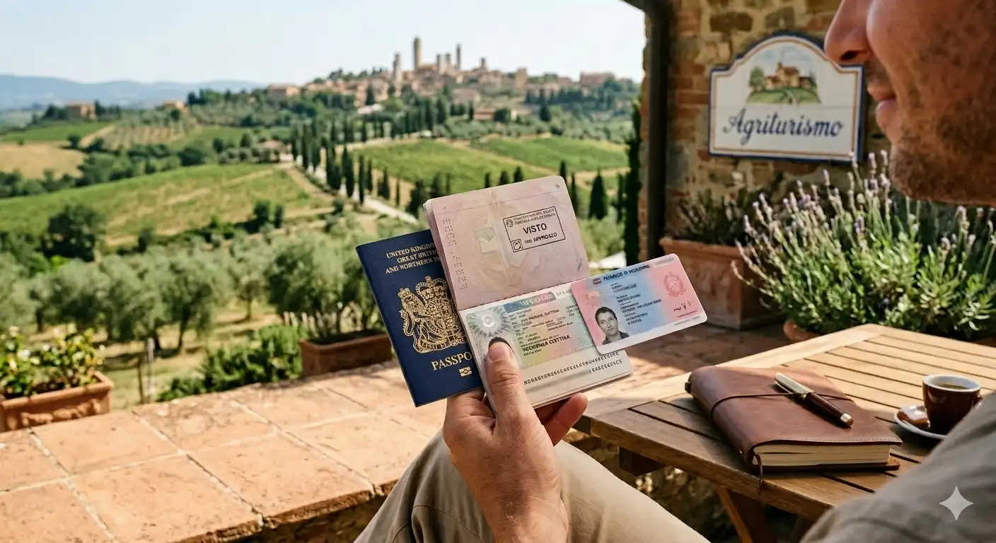 italy-elective-residence-visa-tuscany. Passaporto straniero aperto sul Visto per Residenza Elettiva approvato, con sfondo delle colline in Toscana.