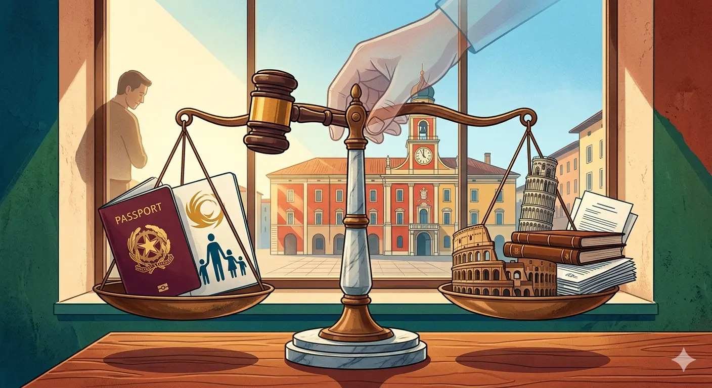 Illustrazione simbolica della giustizia italiana: una bilancia con un passaporto e icone familiari da un lato, e monumenti storici italiani dall'altro, davanti a un tribunale