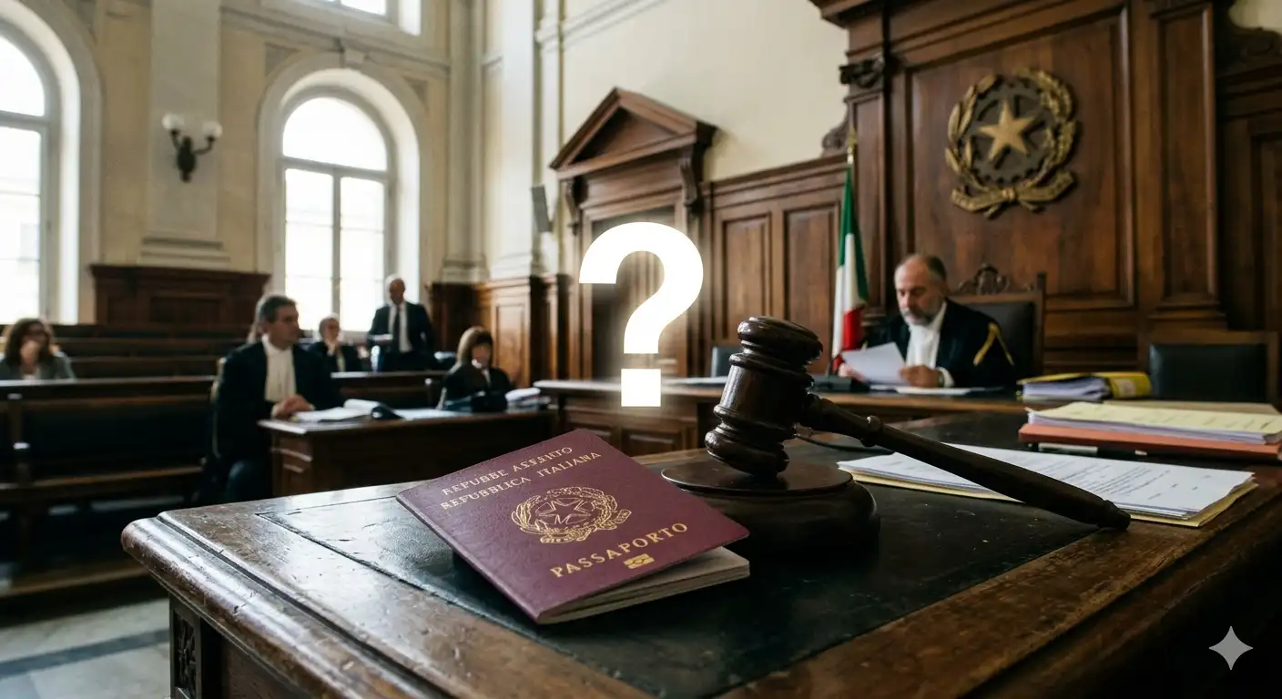 An Italian passport and a judge's gavel on a courtroom desk with a question mark, symbolizing the legal uncertainty of citizenship by descent claims after the 2025 reform.
