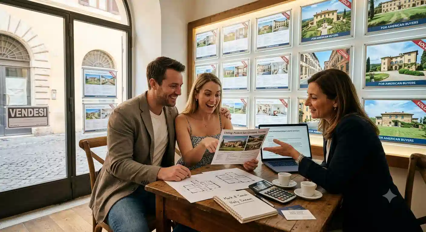 An American couple looking at Italian real estate listings and floor plans with a legal advisor in Italy.
