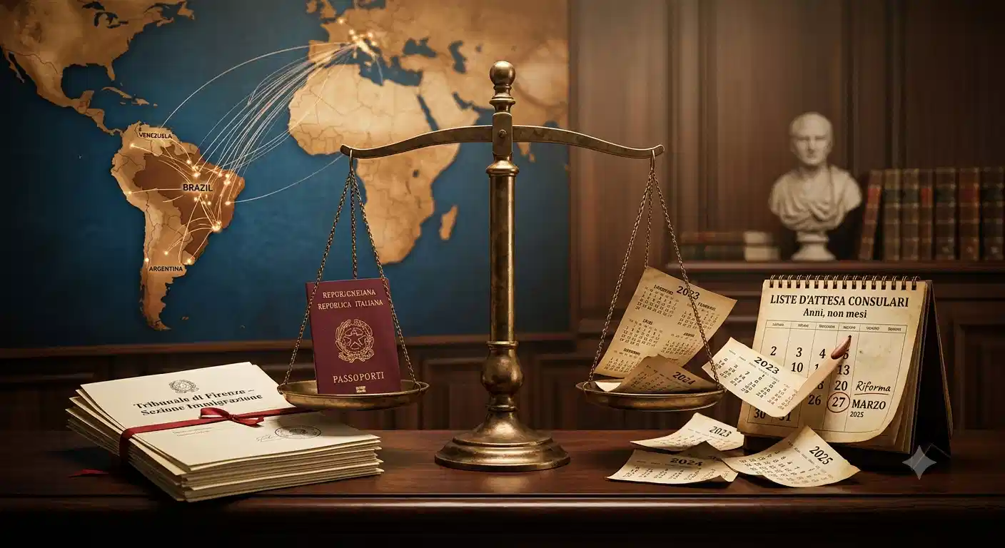 A conceptual editorial image featuring a classical scale of justice on a wooden bench. One side holds an Italian passport and legal documents from the Florence Court; the other side holds a desk calendar symbolizing consular wait times. In the background, a world map highlights migration lines between South America and Italy.