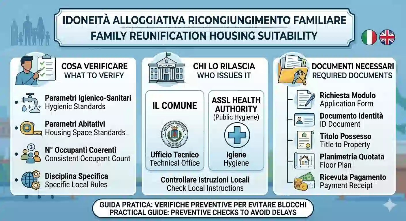 Bilingual infographic about housing suitability and accommodation compliance for family reunification in Italy, highlighting municipal certificates and hygienic standards.