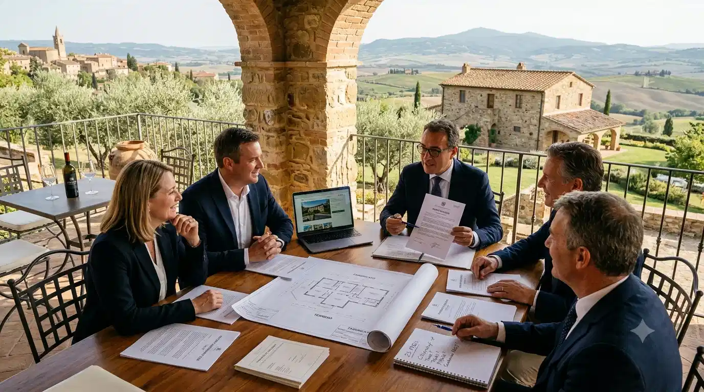 An Italian lawyer explaining property law to international buyers in Tuscany