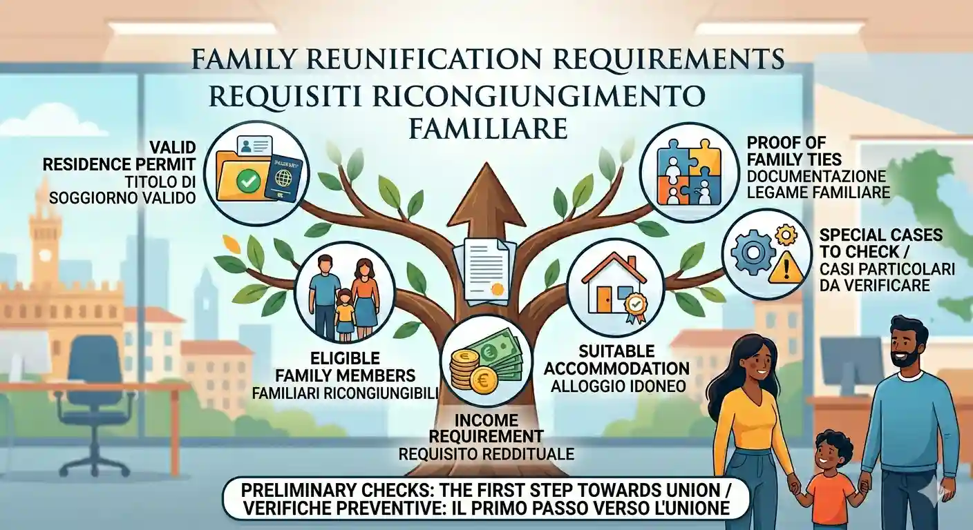 Bilingual Italian-English infographic showing Italy's family reunification requirements, including income, accommodation, and residence permit.