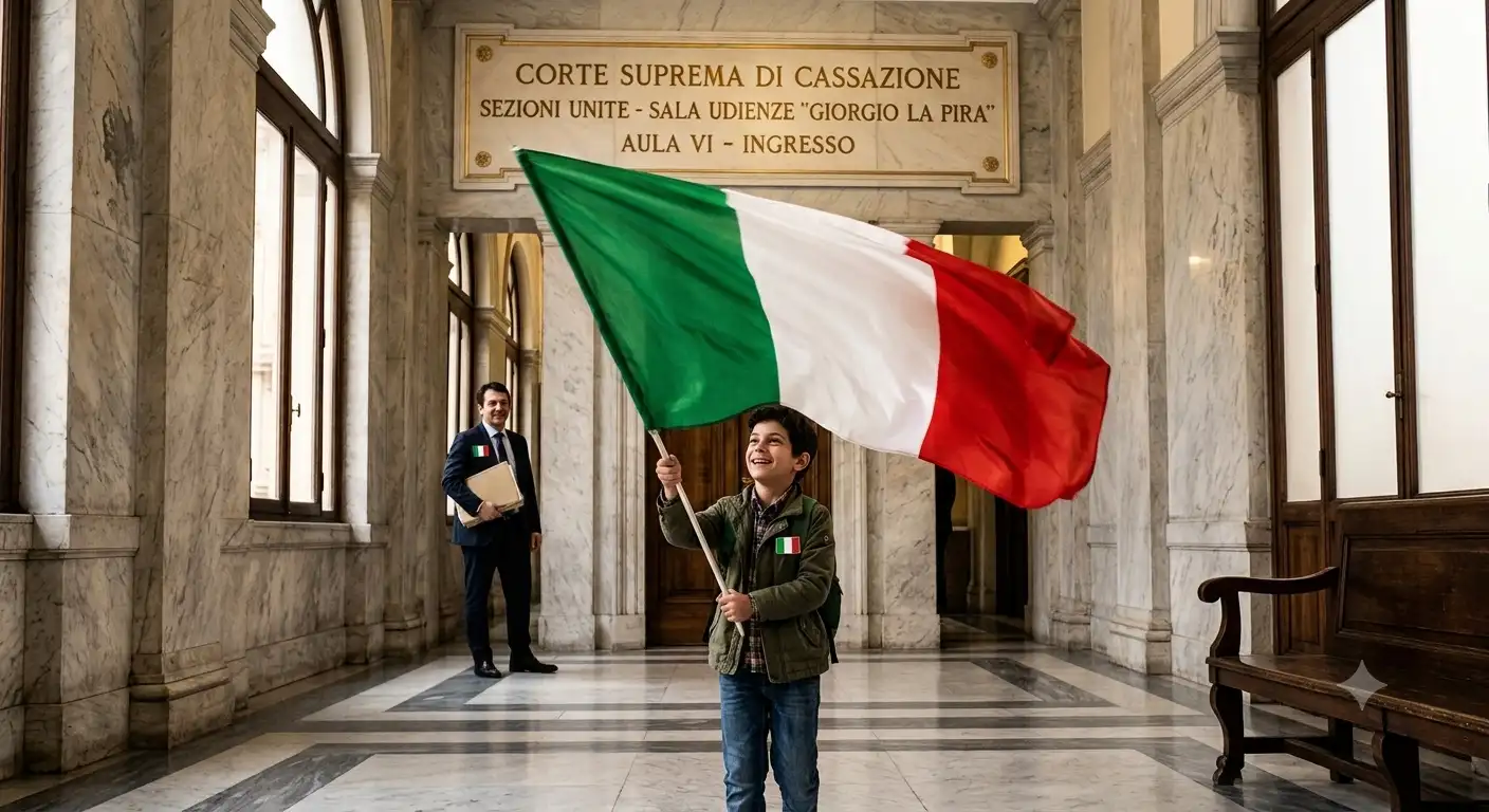 A photograph of the interior of the Corte Suprema di Cassazione in Rome, showing a marble corridor with a golden inscription above an arch reading 'CORTE SUPREMA DI CASSAZIONE, SEZIONI UNITE - SALA UDIENZE 'GIORGIO LA PIRA', AULA VI - INGRESSO'. In the foreground, two lawyers in robes read a document near Italian and South American flags, while a man in a dark suit waits in the background