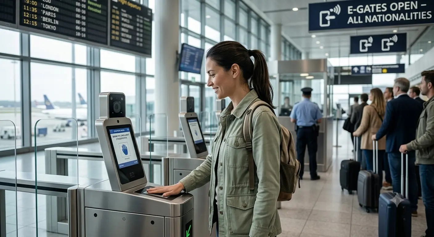 Female traveler uses her fingerprint on a biometric e-gate kiosk at an EU airport for EES border control.