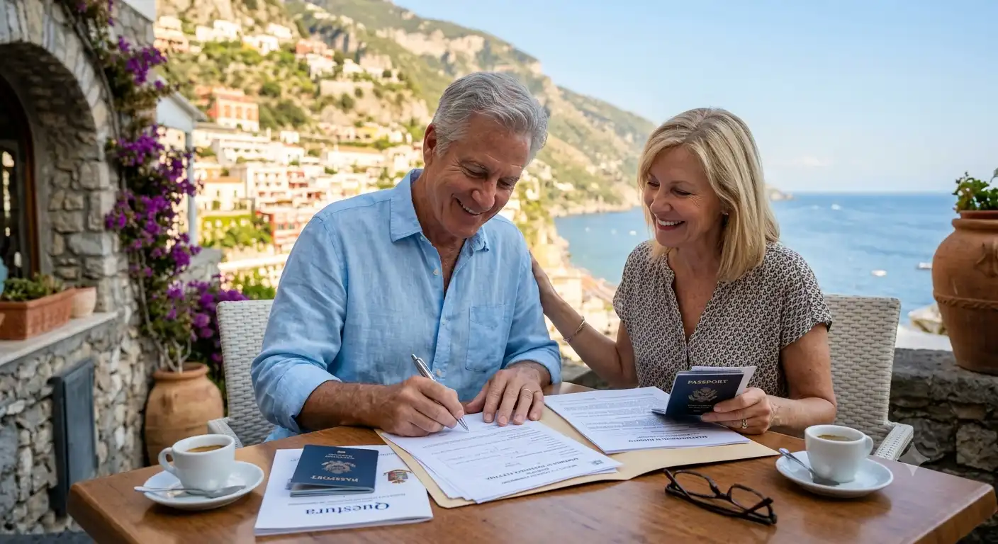 elective-residence-permit-italy-without-visa A couple filling out application forms for the Italian Elective Residence Permit on a terrace overlooking the Amalfi Coast