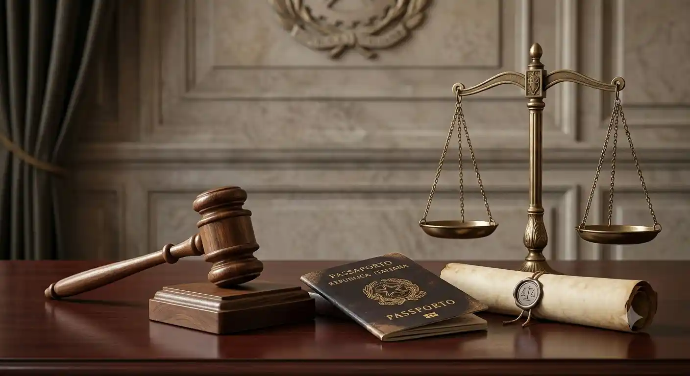 Italian passport, judge gavel, and scales of justice on a courtroom desk, representing a jure sanguinis citizenship court case.