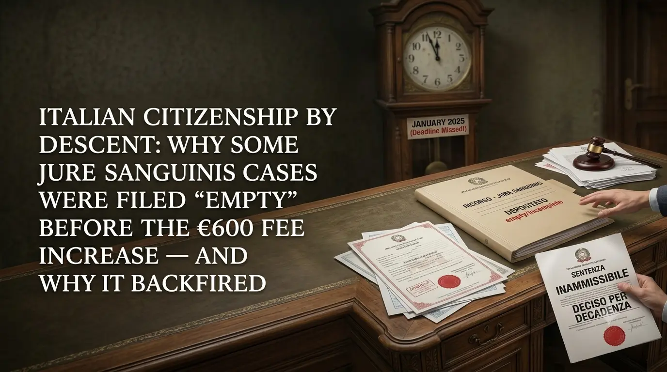 Conceptual photograph on a wooden law office desk: in the foreground, a legal folder labeled "Ricorso - Jure Sanguinis" marked as "empty/incomplete", alongside late vital records and a court ruling reading "Sentenza Inammissibile". In the background, an old grandfather clock displays a missed deadline