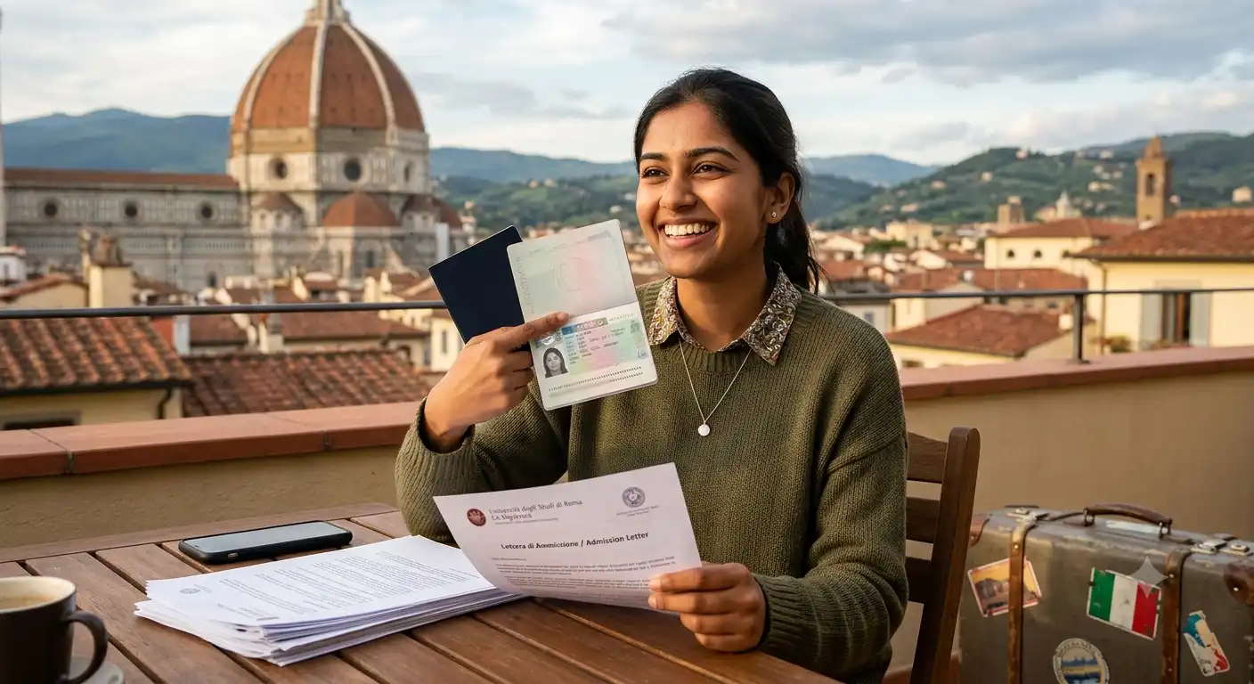 student-visa-italy-guide. A smiling international student holding a passport with an Italian student visa and a university admission letter on a terrace in Florence