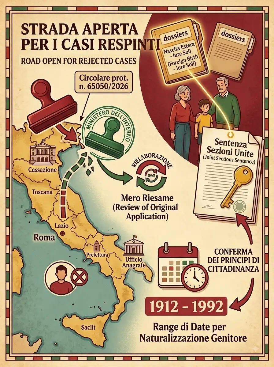 Infografica bilingue che illustra la circolare del Ministero dell'Interno per il riesame delle domande di cittadinanza italiana respinte. Bilingual infographic illustrating the Italian Interior Ministry circular for the review of rejected citizenship cases.