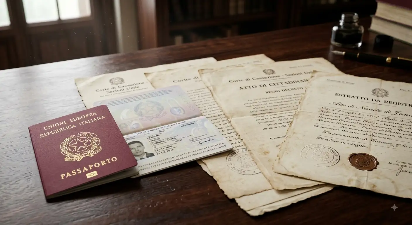 An Italian passport resting on historical legal documents and court rulings on a dark wooden desk, illustrating Italian citizenship by descent and recent Cassazione Sezioni Unite decisions.