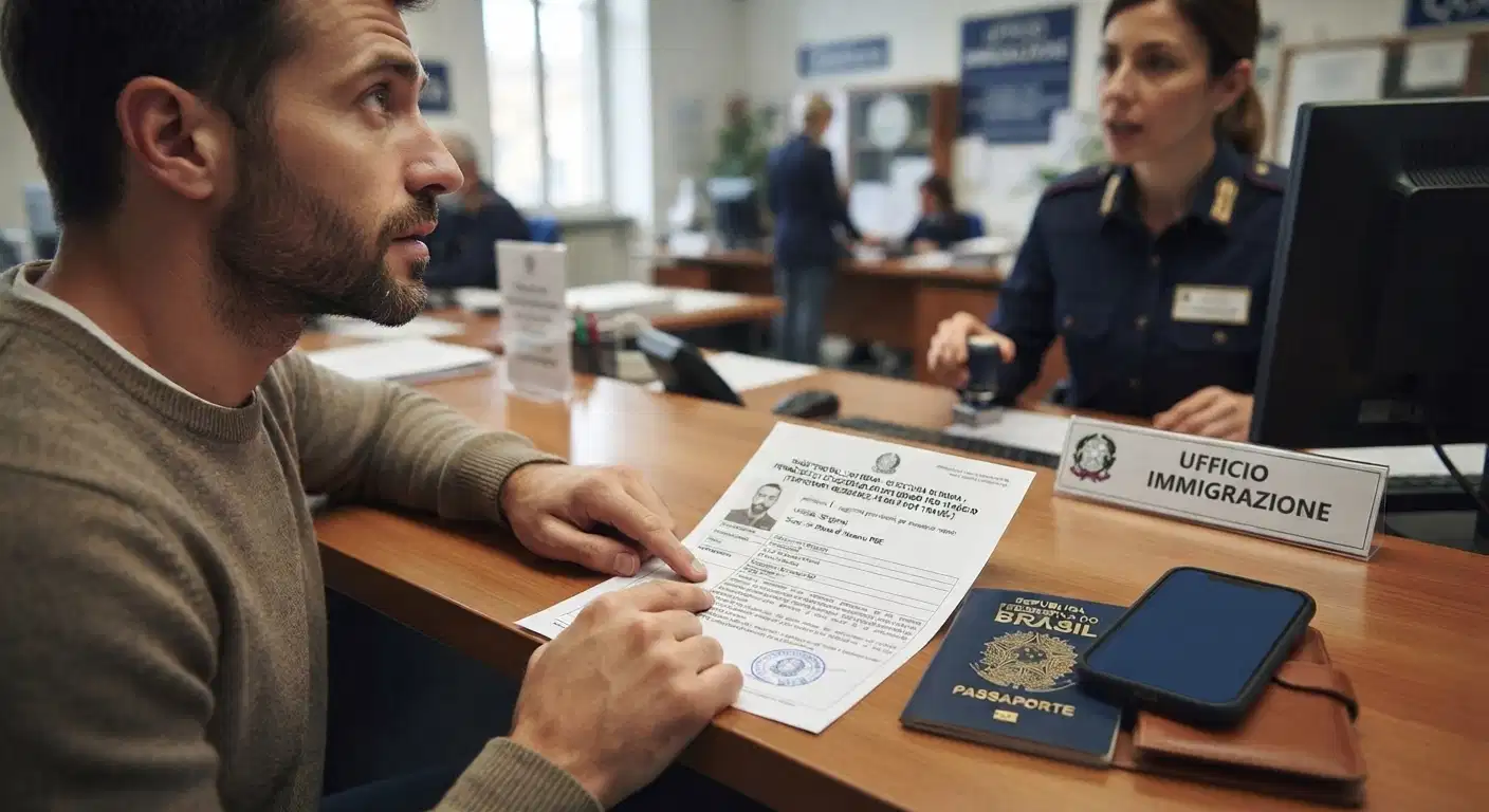Un uomo con la barba siede a una scrivania in legno all'interno di un ufficio pubblico italiano, l'Ufficio Immigrazione della Questura. Sta esaminando dei documenti e un passaporto straniero aperto insieme a un'impiegata in uniforme della polizia di stato