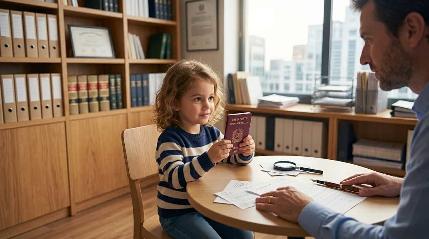 bambino-passaporto-italiano-cittadinanza. Una bambina seduto al tavolo in un ufficio mentre tiene in mano un passaporto italiano , di fronte a un funzionario.