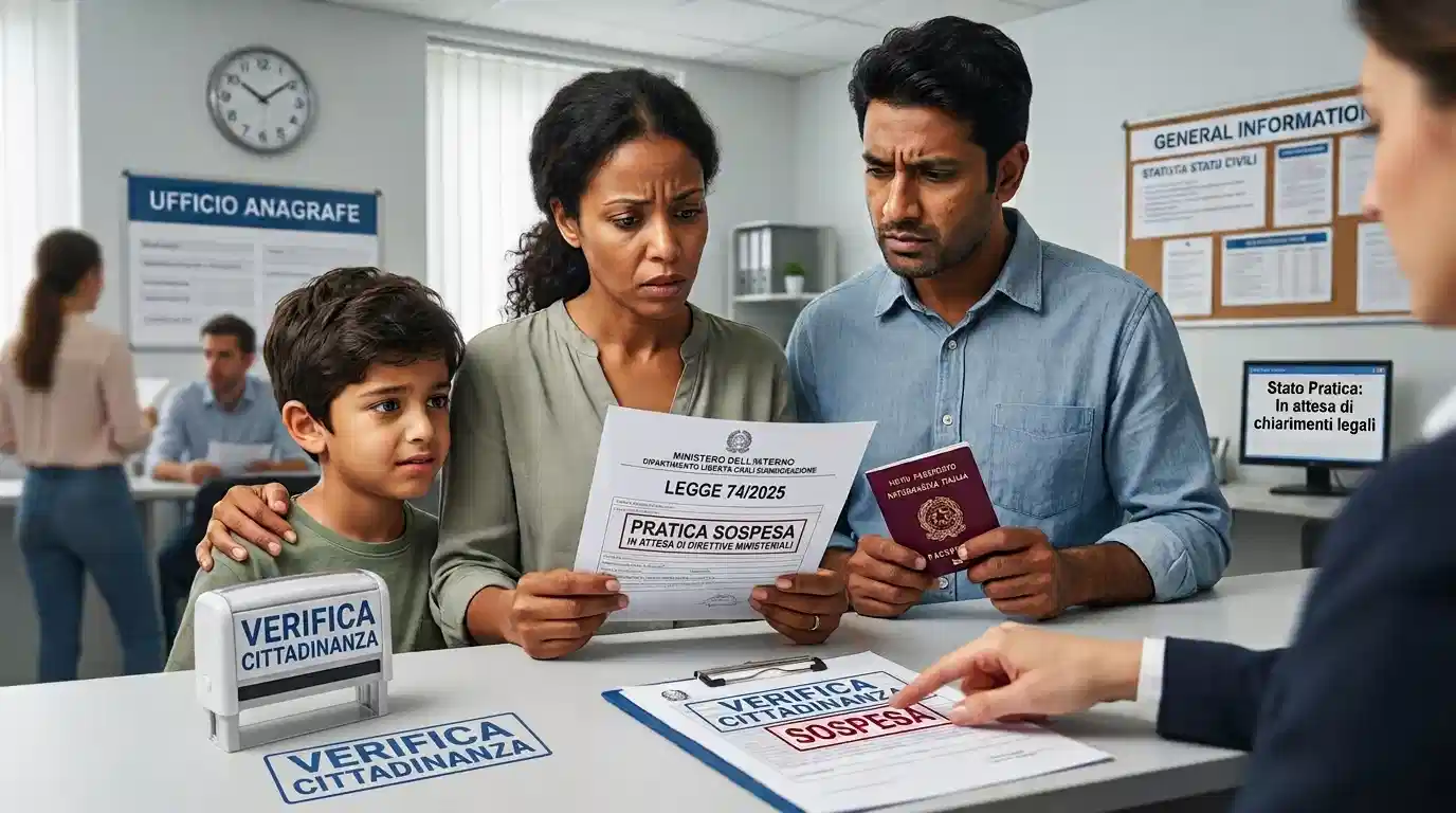 Un funzionario di un ufficio anagrafe italiano mostra a una famiglia preoccupata (genitori e figlio minore) un documento con un timbro rosso con la scritta "SOSPESA", in riferimento alla Legge 74/2025. Sul tavolo un timbro per la verifica della cittadinanza e un computer con un avviso di sospensione della pratica.