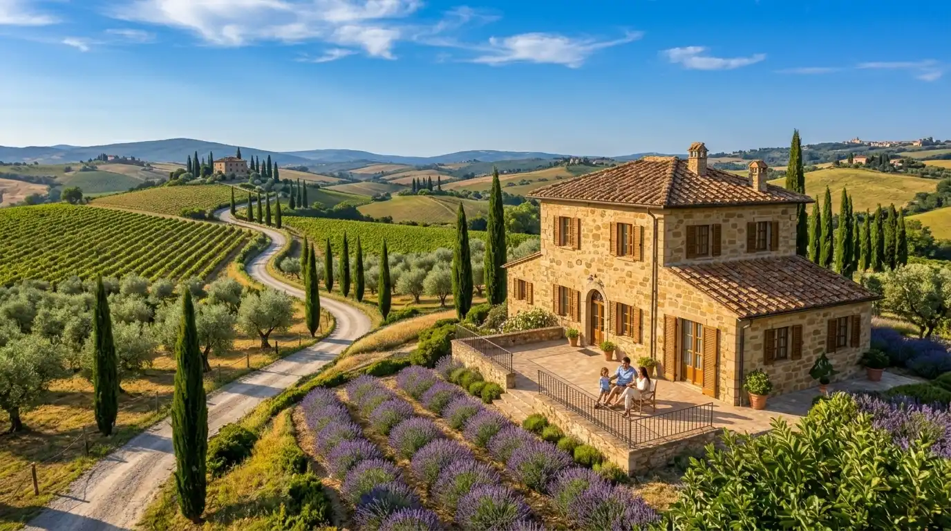Rustic Italian stone villa surrounded by Tuscan rolling hills, cypress trees, and lavender fields