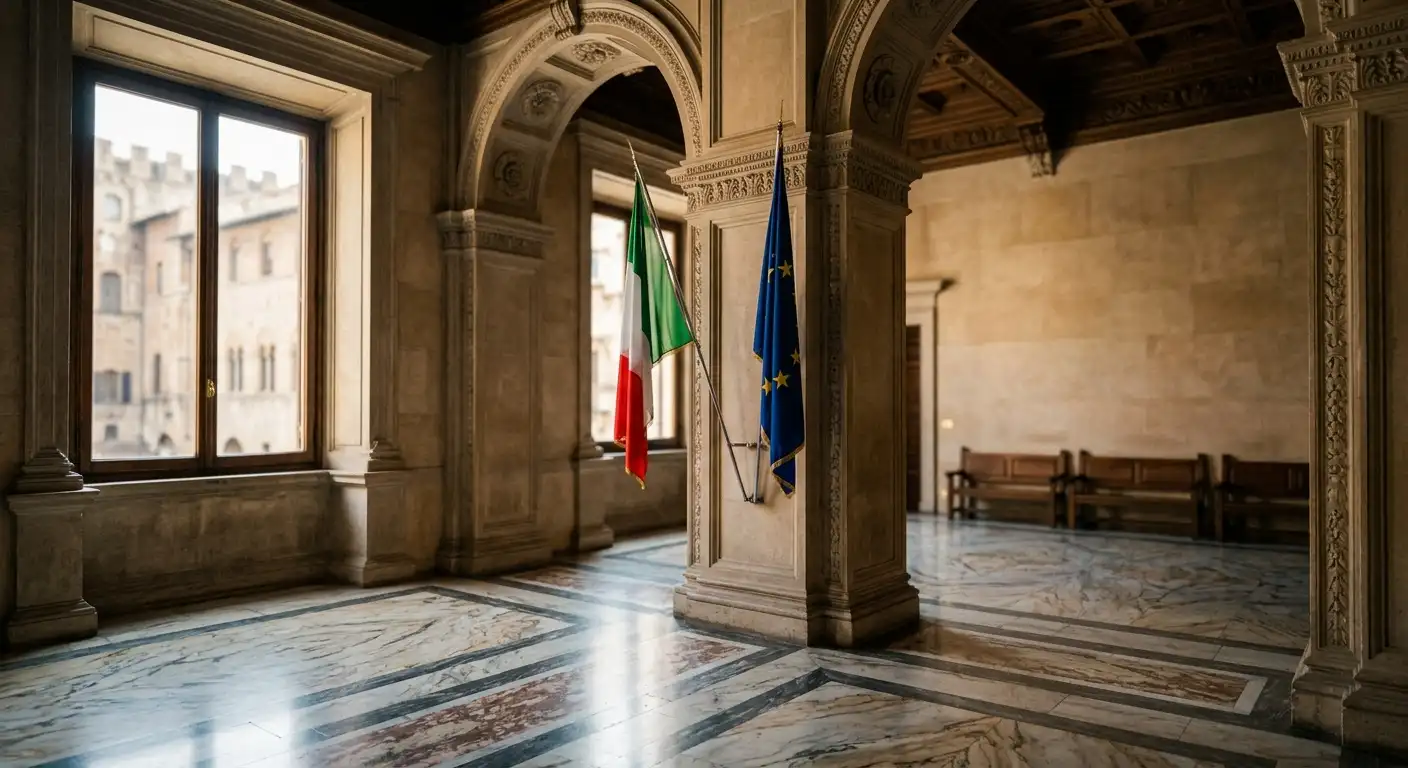 italian-citizenship-court-eu-flags Italian and European Union flags inside a historic institutional hall