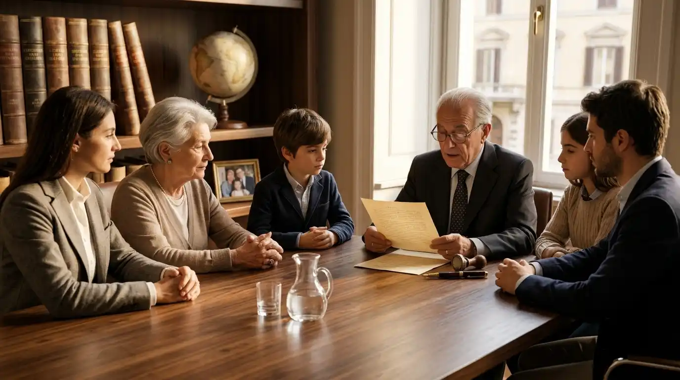 An Italian notary reading a last will and testament to a family seated around a meeting table in a legal office