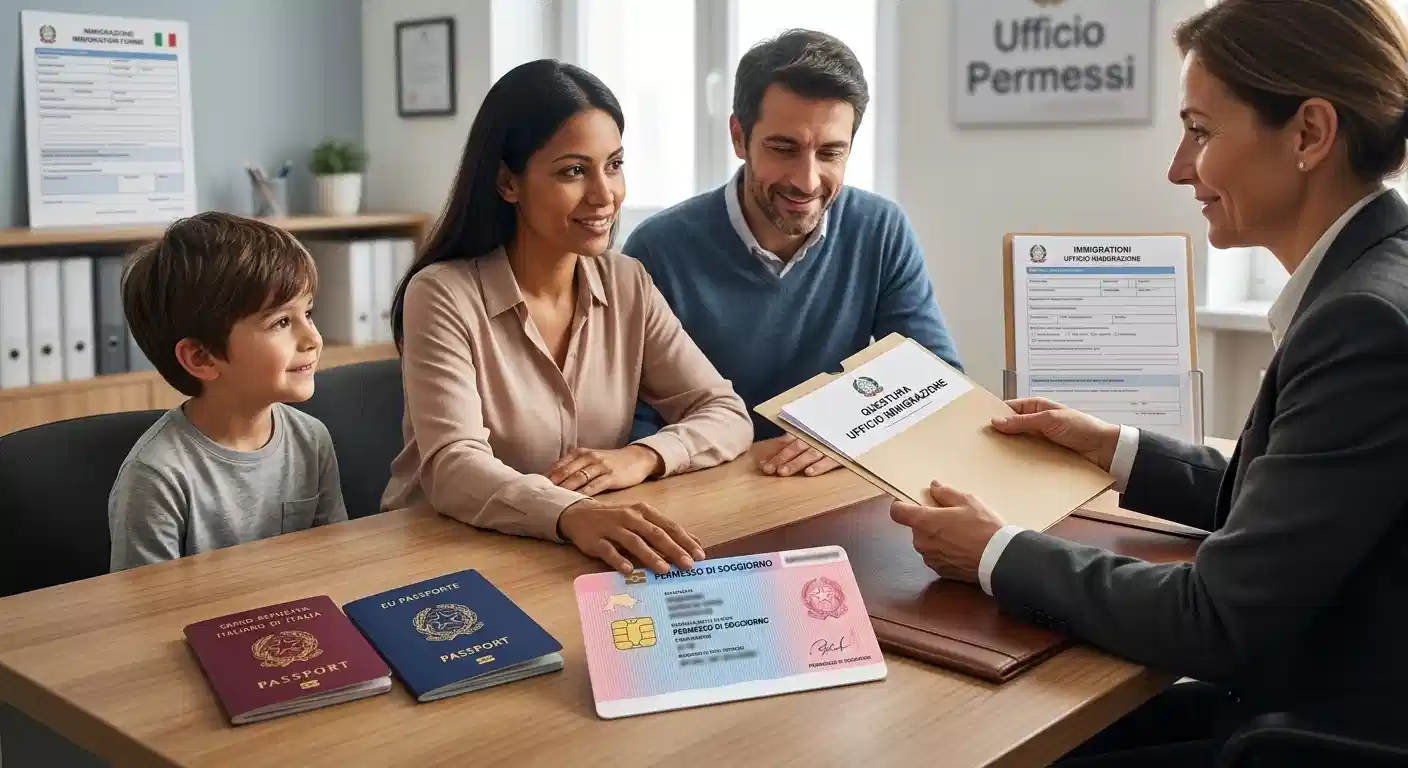Una famiglia composta da madre, padre e figlio seduta al tavolo dell'ufficio immigrazione mentre presenta i documenti a una funzionaria