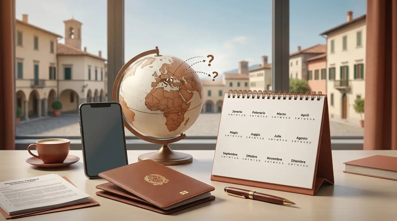 Mappamondo, calendario e documenti di soggiorno posizionati su una scrivania davanti a una finestra vista cittadina italiana.