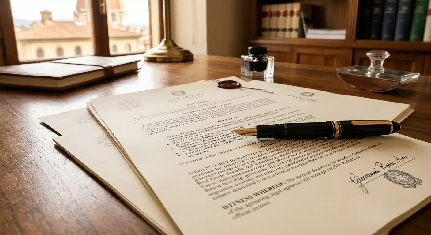 Legal documents and a fountain pen on a wooden desk, symbolizing the validity of an American will in Italy.
